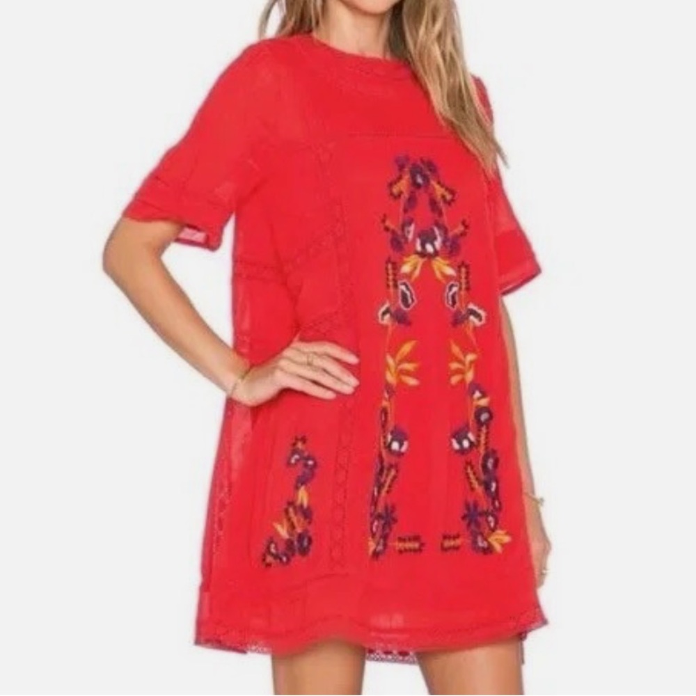 Free People Perfectly Victorian Red Embroidered Mini Dress